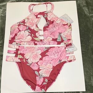 Women’s two-piece swimsuit, Burgundy with pink flowers